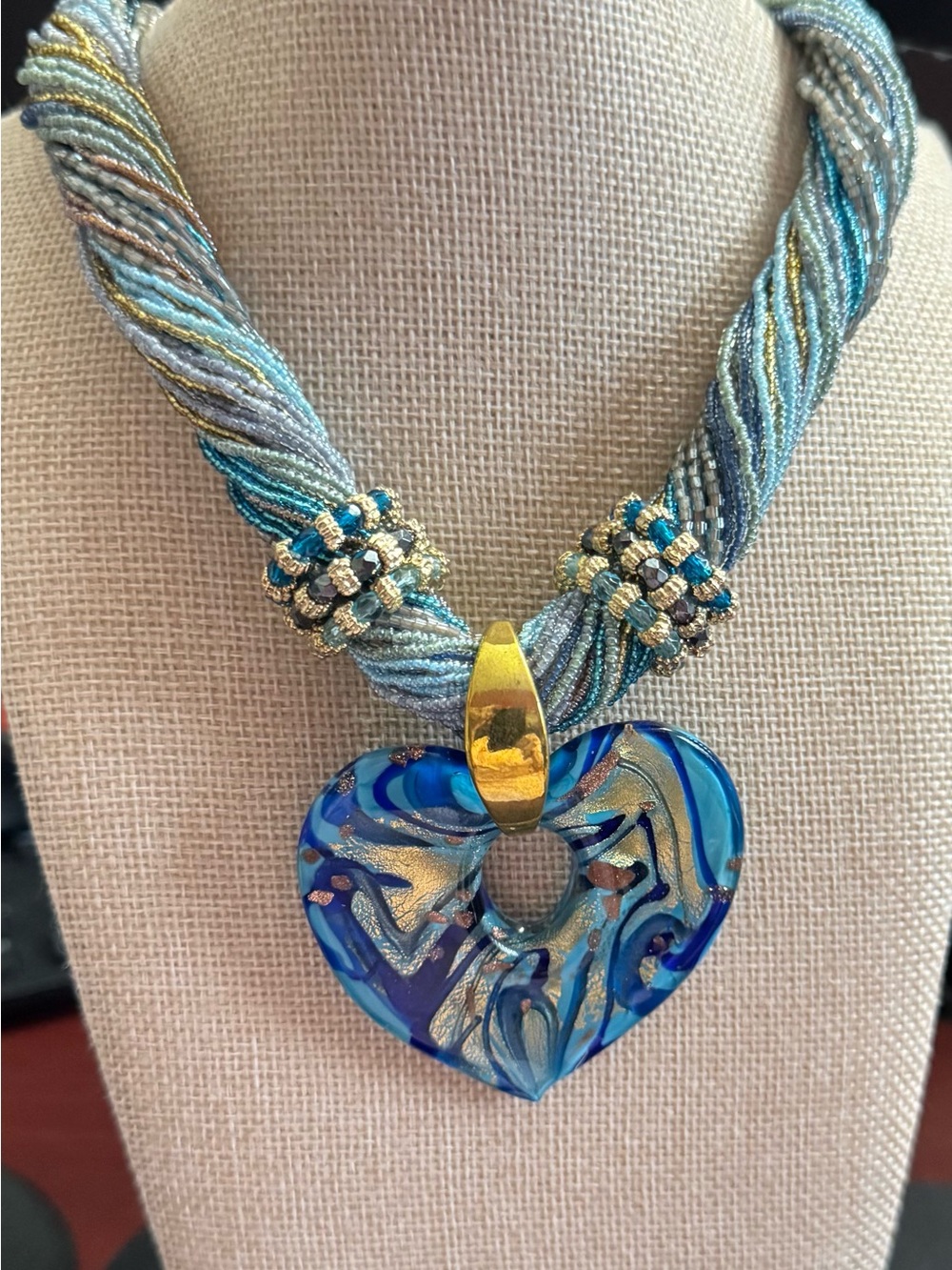Italian Murano Glass Heart Necklace  Vibrant Blues & Gold Beads,Textured Accents